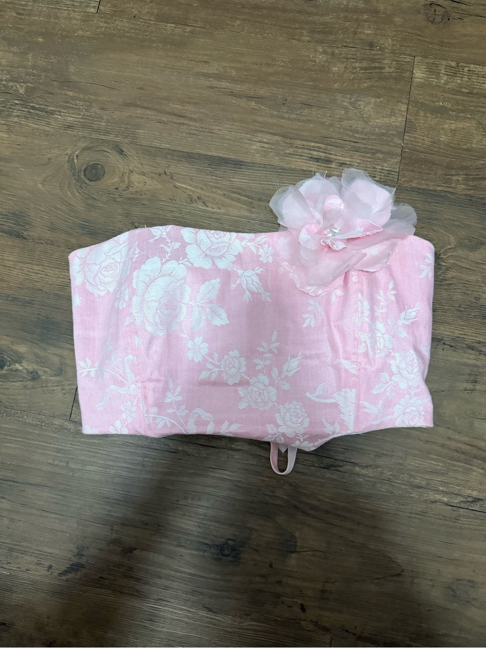 LoveShackFancy one of a kind Pink Floral Corset-Style Bandeau with Fabric Flower